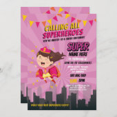 Superheld Uitnodiging Roze Meisjes Super Party (Voorkant / Achterkant)