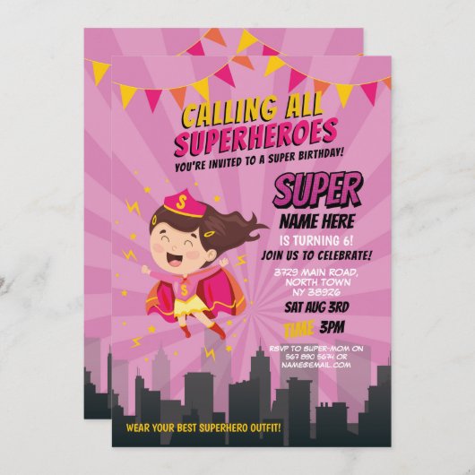 Superheld Uitnodiging Roze Meisjes Super Party (Voorkant / Achterkant)