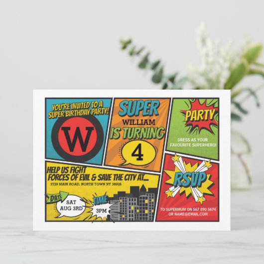 Superheld Uitnodiging Super Hero Party (Staand voorkant)