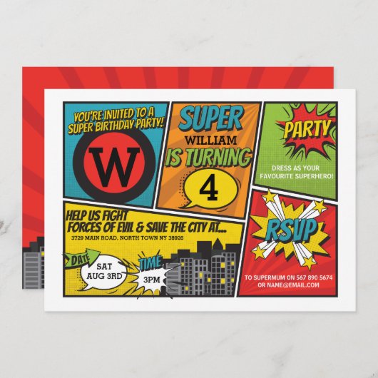 Superheld Uitnodiging Super Hero Party (Voorkant / Achterkant)