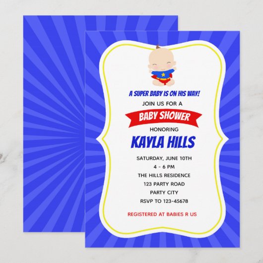 Superheld-uitnodigingen - Jongen Birthday / Baby s Kaart (Voorkant / Achterkant)