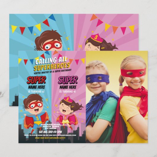 Superheld Verjaardag Foto Roze Blauw Joint Boy Mei Kaart (Voorkant / Achterkant)