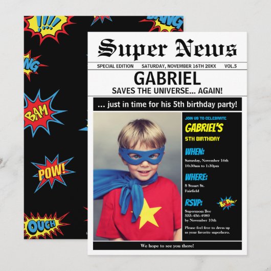 Superheld Verjaardag Party Boy Girl Afbeelding Fot Kaart (Voorkant / Achterkant)