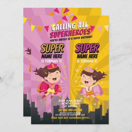 Superheld Verjaardag Zuster Roze Geel Joint Party Kaart (Voorkant / Achterkant)