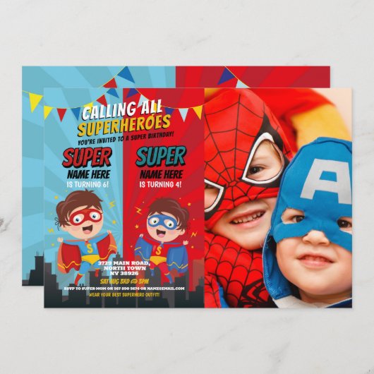 Superheld Verjaardagsbroeders Blauw Rood Foto Jong Kaart (Voorkant / Achterkant)