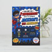 Superheld Verjaardagsfeest Uitnodiging | Jongen Su (Staand voorkant)