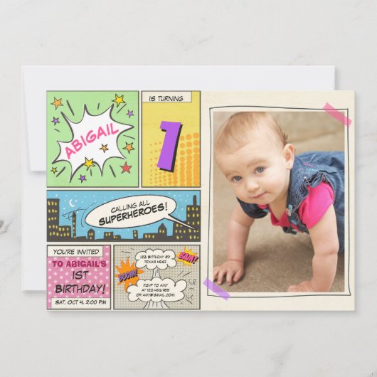 superheld verjaardagsuitnodiging Cartoon  Meisje Kaart (Voorkant)