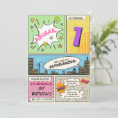 superheld verjaardagsuitnodiging Cartoon  meisje Kaart (Staand voorkant)