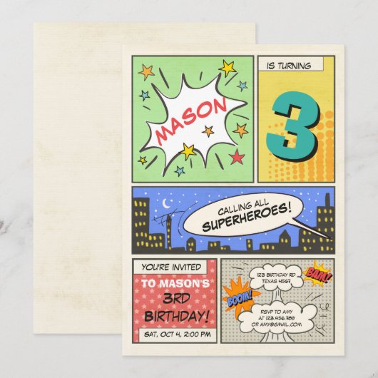 superheld verjaardagsuitnodiging Cartoon Vintage B Kaart (Voorkant / Achterkant)