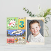 superheld verjaardagsuitnodiging Cartoon Vintage B Kaart (Staand voorkant)