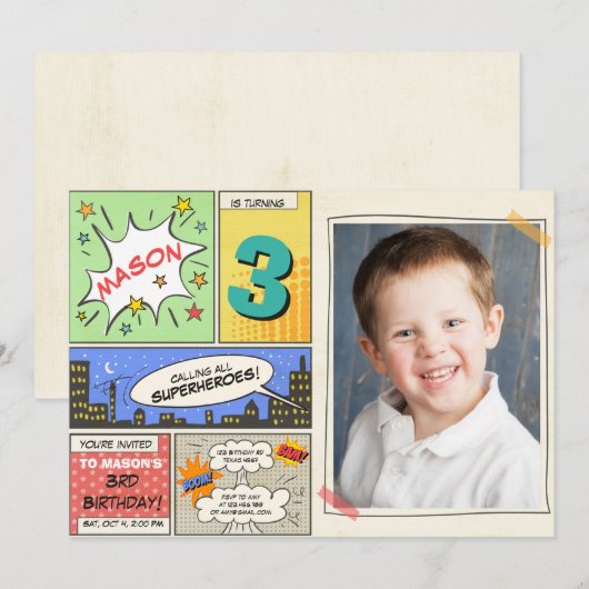 superheld verjaardagsuitnodiging Cartoon Vintage B Kaart (Voorkant / Achterkant)