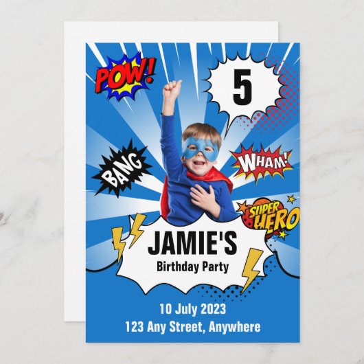 Superheld verjaardagsuitnodiging - Foto Kaart (Voorkant / Achterkant)