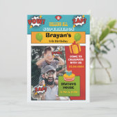 Superheld verjaardagsuitnodiging met foto kaart (Staand voorkant)