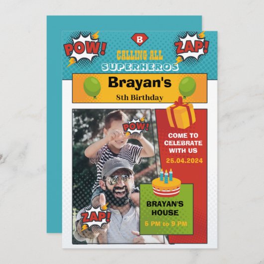 Superheld verjaardagsuitnodiging met foto kaart (Voorkant / Achterkant)