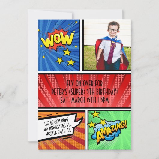 Superheld Verjaardagsuitnodiging | Stripboek Feest Kaart (Voorkant)