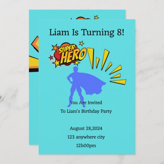 Superheld verjaardagsuitnodiging voor jongens kaart (Voorkant / Achterkant)