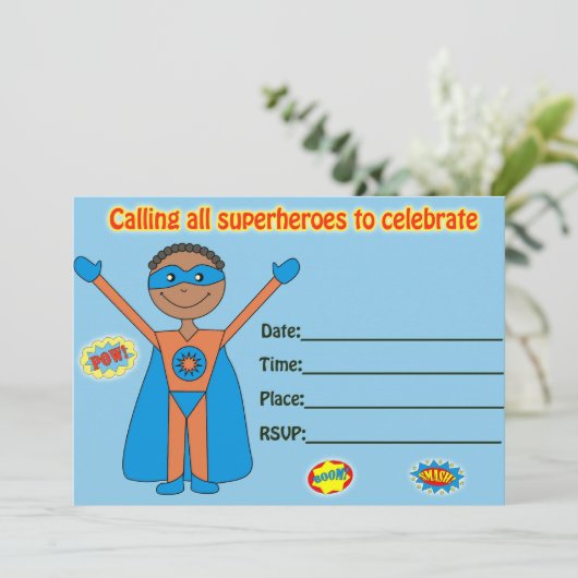 Superheld verjaardagsuitnodiging vul blanco in kaart (Staand voorkant)