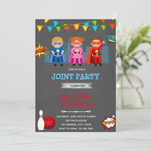 Superhelden bowlingpartij kaart (Staand voorkant)