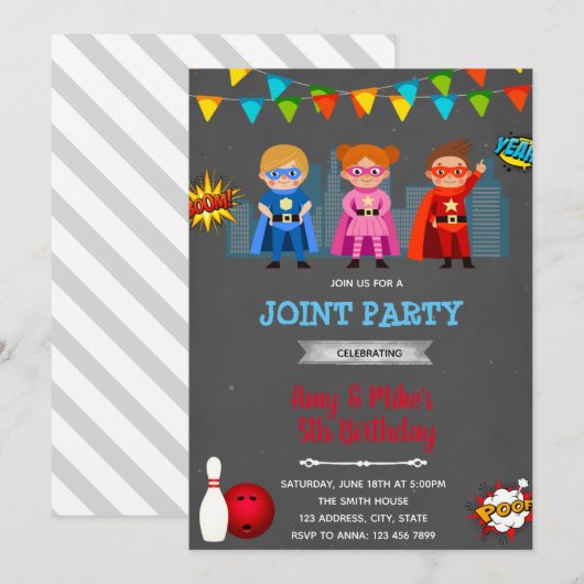 Superhelden bowlingpartij kaart (Voorkant / Achterkant)