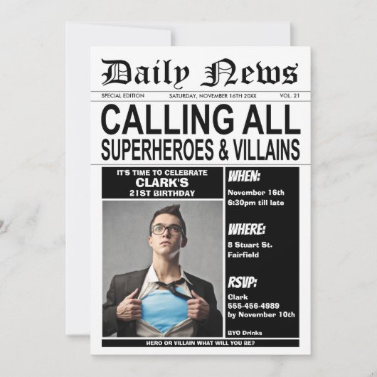 Superhelden of Villains Birthday Party Superheld Kaart (Voorkant)