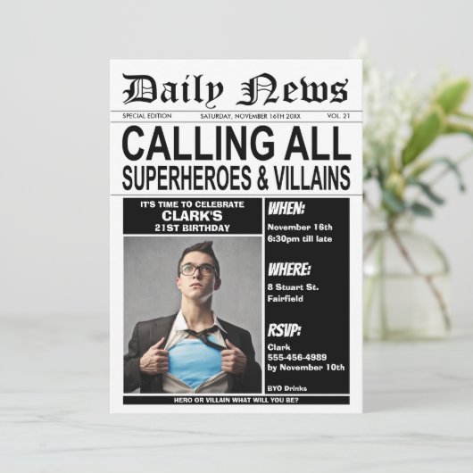 Superhelden of Villains Birthday Party Superheld Kaart (Staand voorkant)