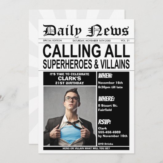 Superhelden of Villains Birthday Party Superheld Kaart (Voorkant / Achterkant)