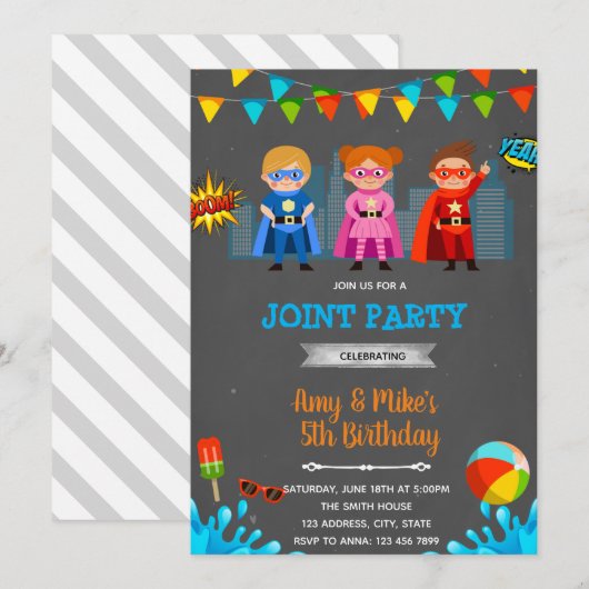 Superhelden poolparty kaart (Voorkant / Achterkant)