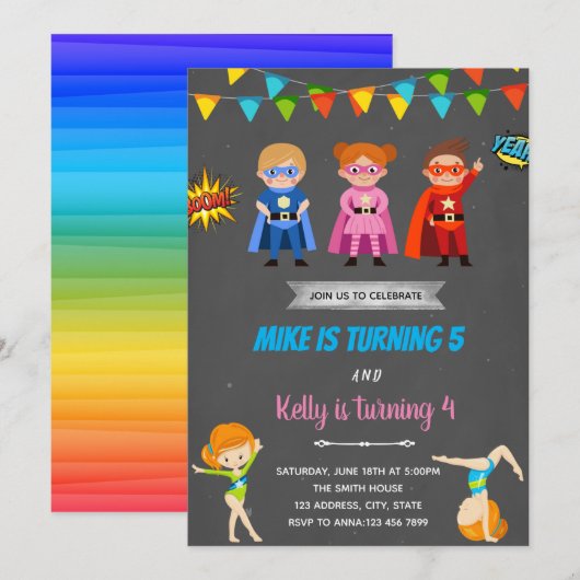 Superhelden turnen gezamenlijke feestuitnodiging kaart (Voorkant / Achterkant)