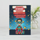 Superhero avontuur wacht op feestuitnodiging feestdagenkaart (Staand voorkant)