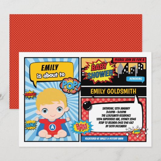 Superhero Baby Jongens Shower / Stripboek Blond Ha Kaart (Voorkant / Achterkant)