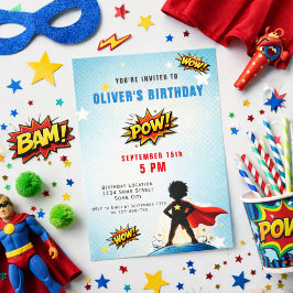 Superhero Cartoon Boy Birthday Party Kaart