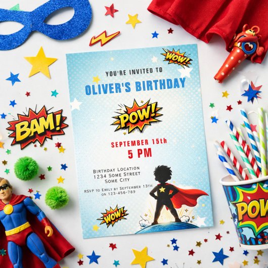 Superhero Cartoon Boy Birthday Party Kaart
