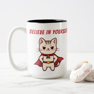 Superhero Cat Believe in Yourself Tweekleurige Koffiemok