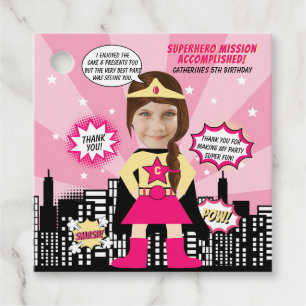 Superhero Comic Boek Stijl Meisje Verjaardag Foto Bedankjes Labels