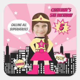 Superhero Comic Boek Stijl Meisje Verjaardag Foto Vierkante Sticker