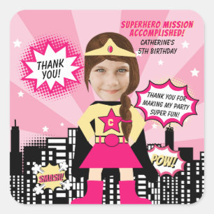 Superhero Comic Boek Stijl Meisje Verjaardag Foto Vierkante Sticker