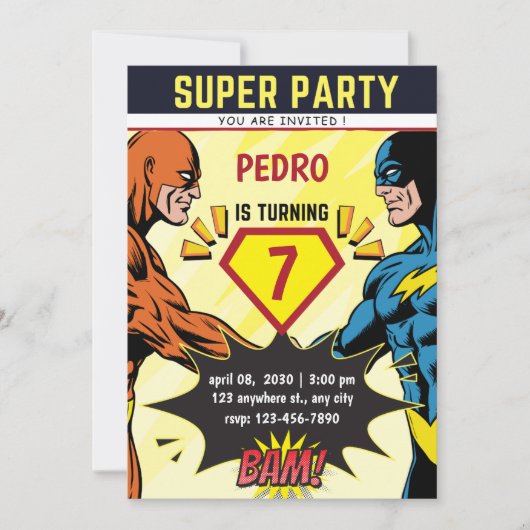 Superhero Comic Book Birthday Party Invitation Kaart (Voorkant)