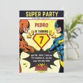 Superhero Comic Book Birthday Party Invitation Kaart (Staand voorkant)