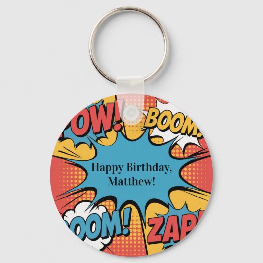 Superhero Comic Book Pop Art Boy Birthday Party Sleutelhanger (Voorkant)