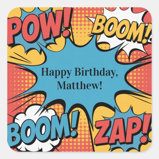 Superhero Comic Book Pop Art Boy Birthday Party Vierkante Sticker (Voorkant)