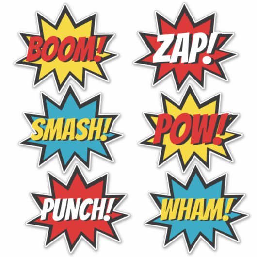 Superhero Comic Book Stijl Zes Tekst Bubbels Sticker (Voorkant)