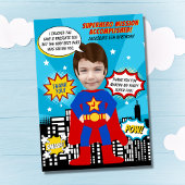 Superhero Comic Book Style Boy Verjaardagsfoto Bedankkaart