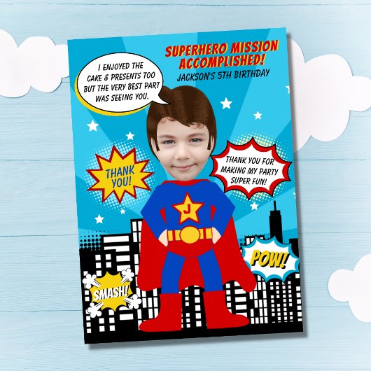 Superhero Comic Book Style Boy Verjaardagsfoto Bedankkaart
