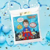 Superhero Comic Book Style Boy Verjaardagsfoto Bedankzakje