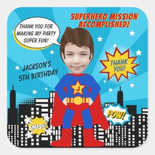 Superhero Comic Book Style Boy Verjaardagsfoto Vierkante Sticker
