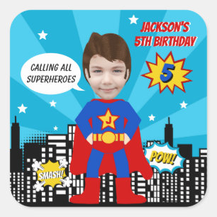Superhero Comic Book Style Boy Verjaardagsfoto Vierkante Sticker