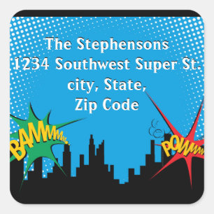 Superhero Comic Boy's Verjaardagsfeestadreslabel Vierkante Sticker