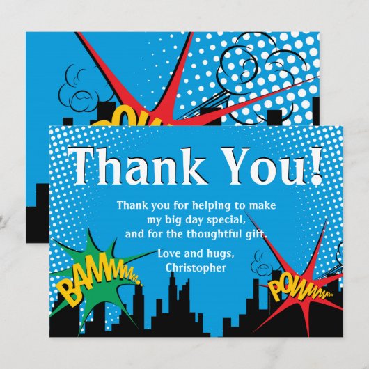 Superhero Comic Boy's Verjaardagsfeestje Dank u Bedankkaart (Voorkant / Achterkant)