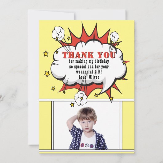 Superhero Comic Speech Cloud Boy Verjaardag Bedankkaart (Voorkant)