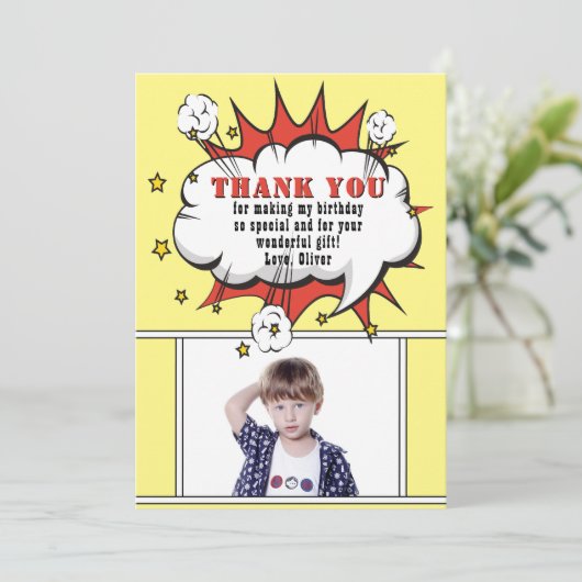 Superhero Comic Speech Cloud Boy Verjaardag Bedankkaart (Staand voorkant)